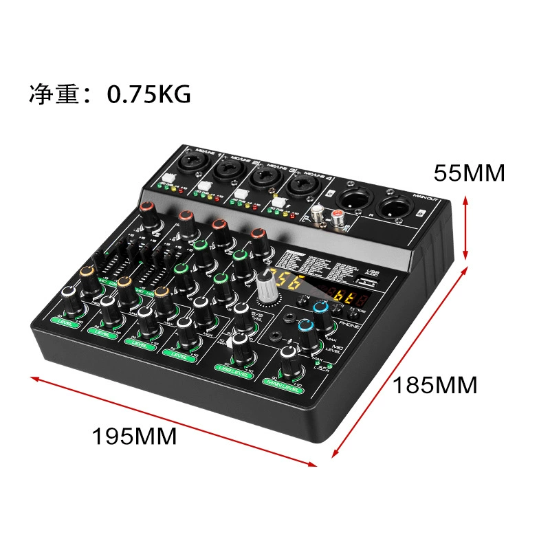 USB Bluetooth микшер 6-каналов 256 видов DSP сбалансированных эффектов для записи на ПК, встреч и дома на улице