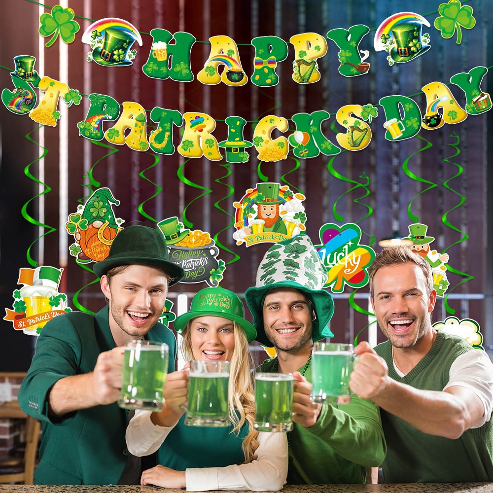 2025 transfronterizo día de San Patricio decoración bandera de trébol espiral fiesta irlandesa decoración tira bandera