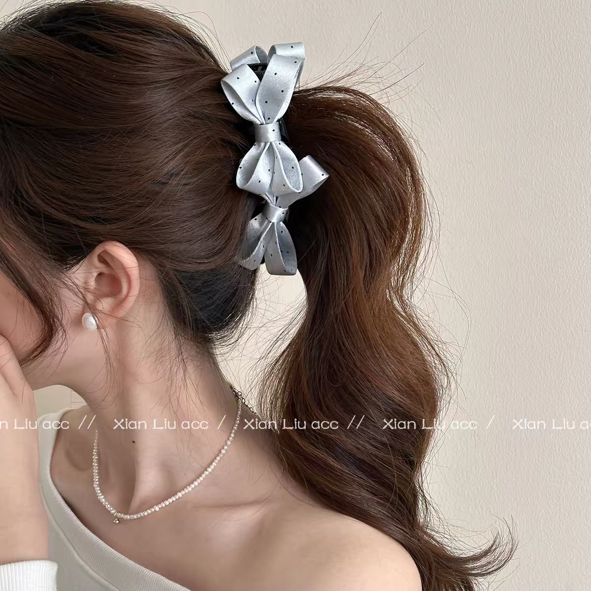 96# light grey satin polka dot double bow banana twist hair clip - 13cm