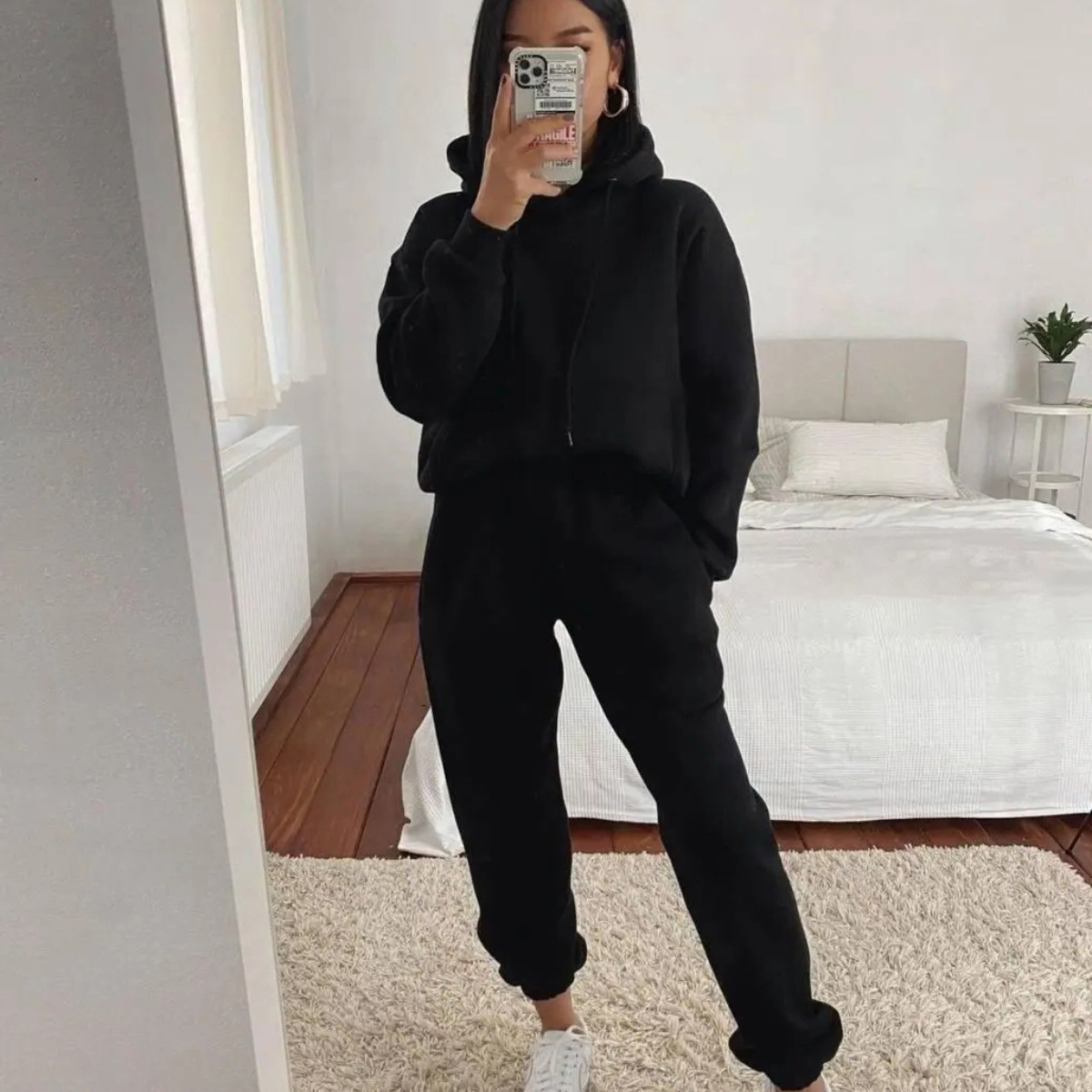 Damen Hoodie Langarm Kapuzenpullover Mit Taschen Einfarbig Casual_voghion.com