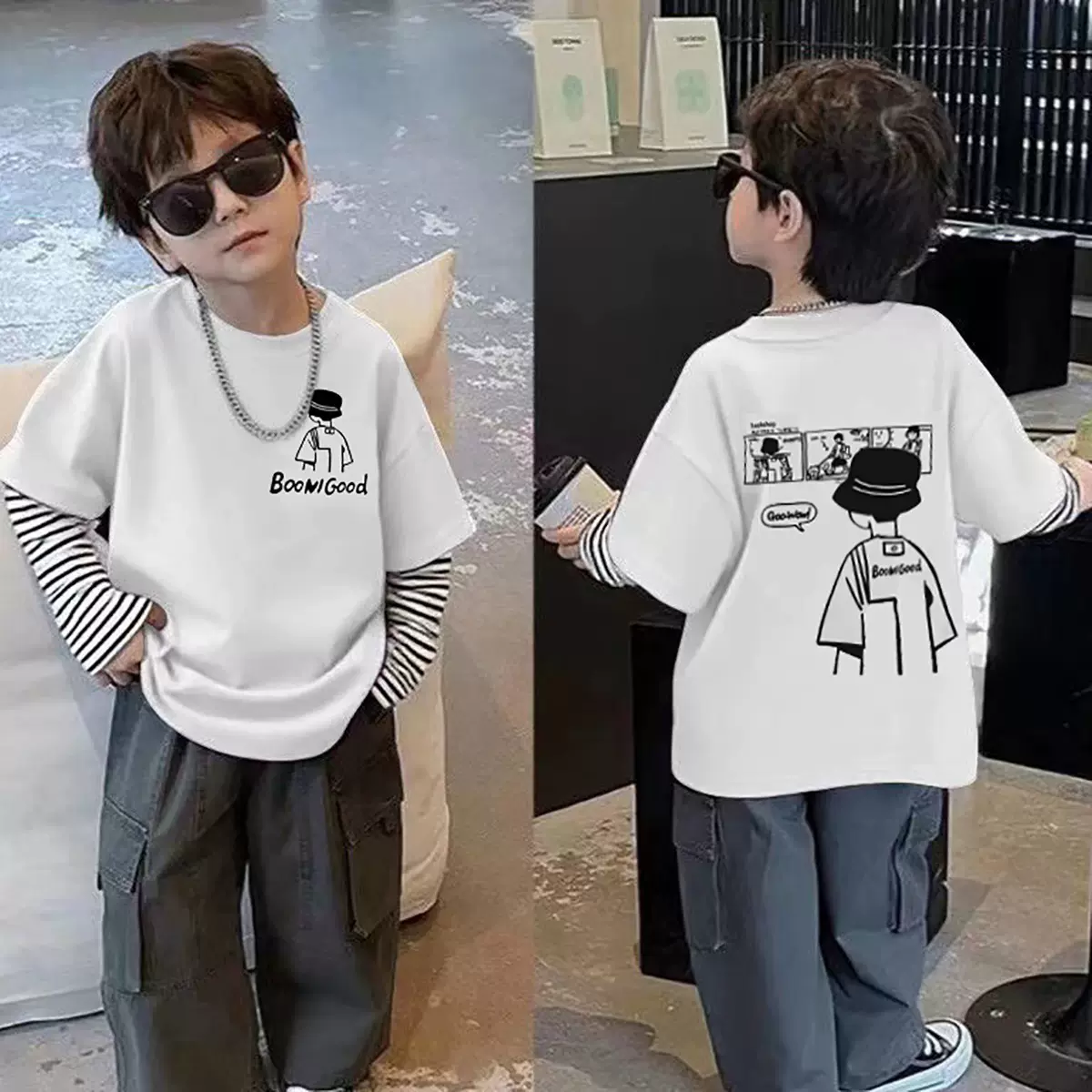 202儿童秋季新款假两件长袖T恤男童百塔帅气上衣中大童宝宝打底衫