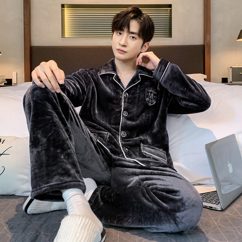 Flannel Cardigan Men's Autumn and Winter Pajamas Winter Coral Fleece Thickened fleece-lined Warm Youth Home Clothes suit