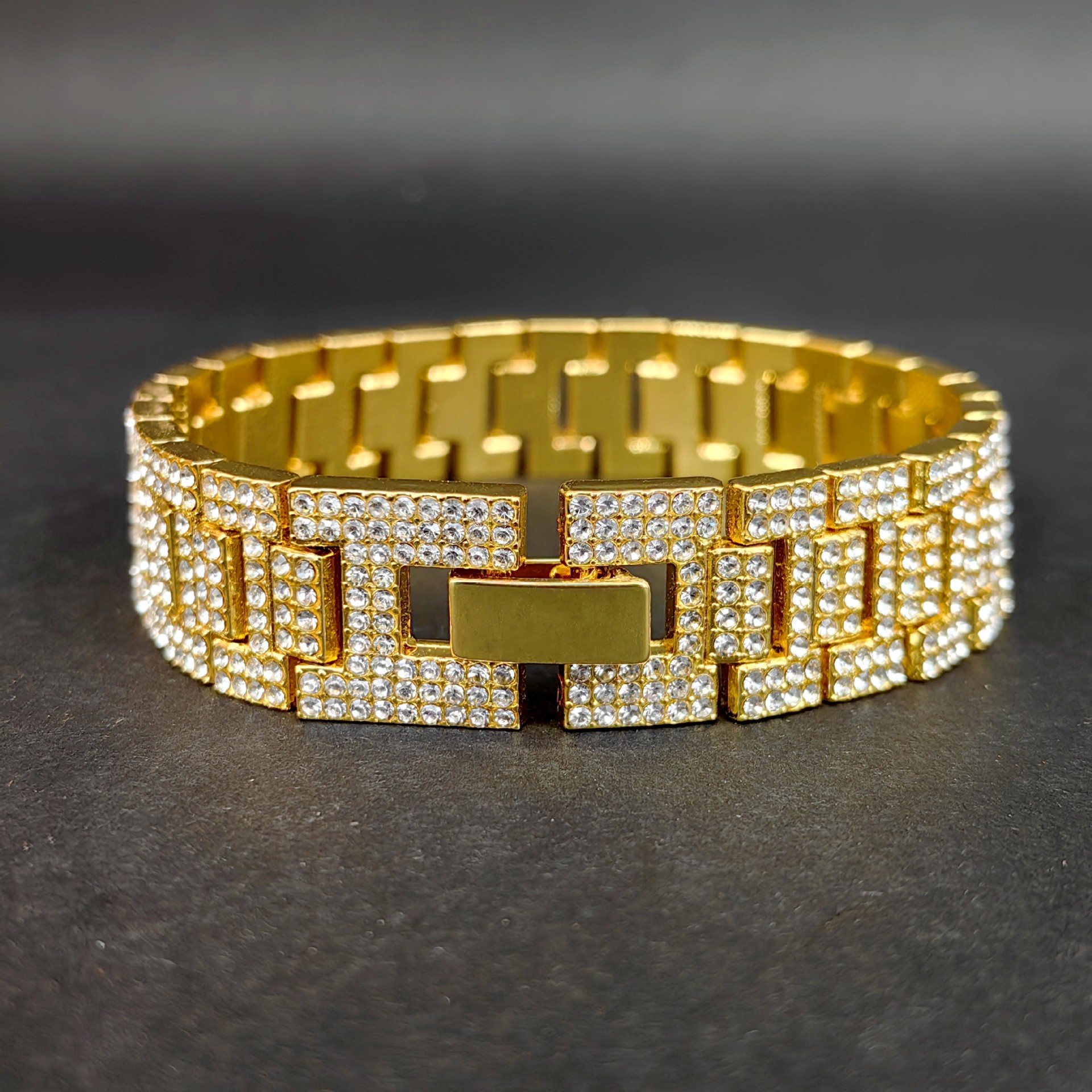 Hip hop style design 17mm wide diamond inlaid watch alloy Cuban bracelet ankle chain jewelry_voghion.com