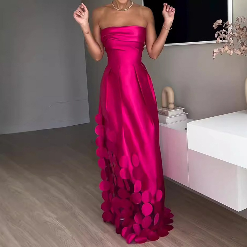 Wholesale European and American Cross-Border Women's Clothing New Spliced Disc Satin Sexy Tube Top Backless Long Evening Dress