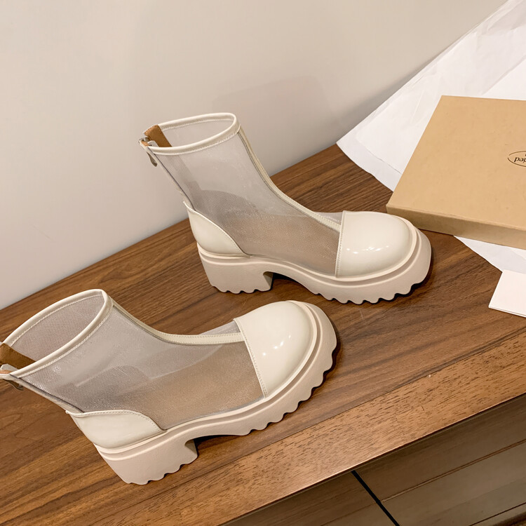 Boot ngắn nữ da thật vải lưới cao gót 6cm mùa hè phong cách Anh thoáng khí — Màu đen, Trắng be chi tiết 131