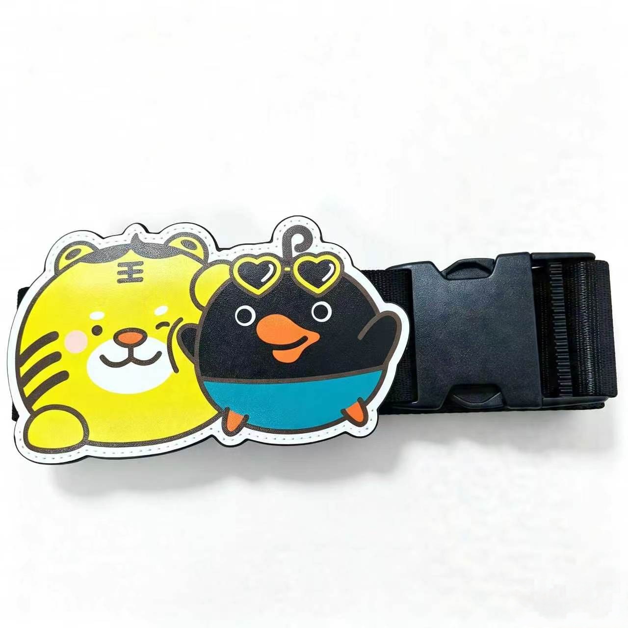 Widened printed luggage strap with unique cartoon PU patches + name card pocket, custom luggage packing strap
