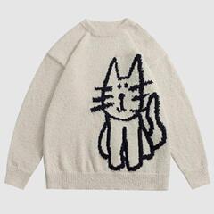 Men Cartoon Cat Print Crewneck Pattern Sweater Loose Casual