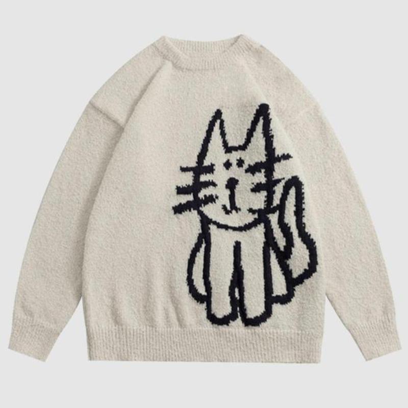 Men Cartoon Cat Print Crewneck Pattern Sweater Loose Casual|undefined
