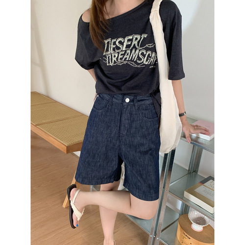 GAGD Retro Denim Color Hempen Women's Summer Thin Casual Straight Leg 5-inch Denim Pants