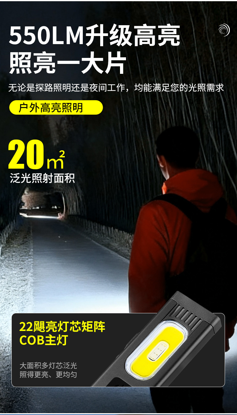Ultra-thin flashlight with strong light, rechargeable, ultra-bright, outdoor long-range, compact and portable, super powerful LED magnetic repair work light