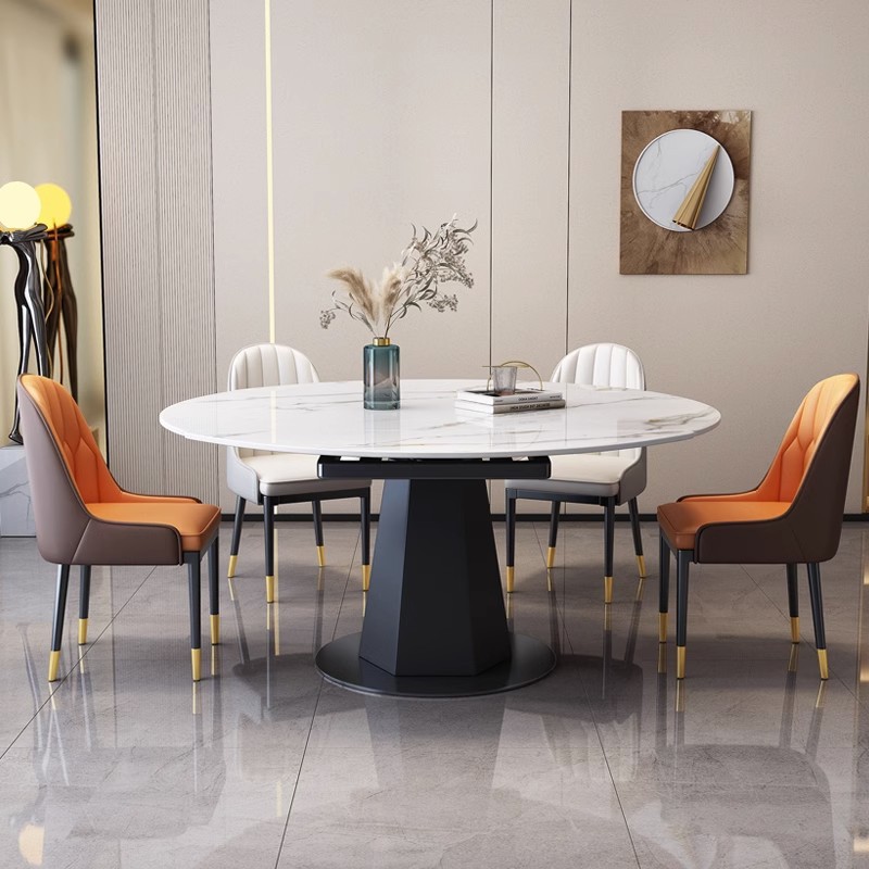 Light Luxury Glossy Quartz Dining Table and Chair Set: Rotating, Extendable, Dual-Use Square/Circle Design, Compact & Multi-Functional for Small Apartments
