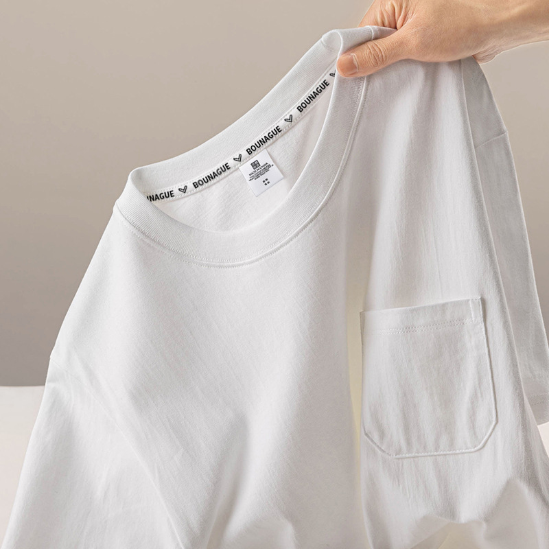 日系220G重ポンドポケットtシャツ男性夏レトロ純綿半袖カーディガン丸襟ゆるい純色半袖|undefined