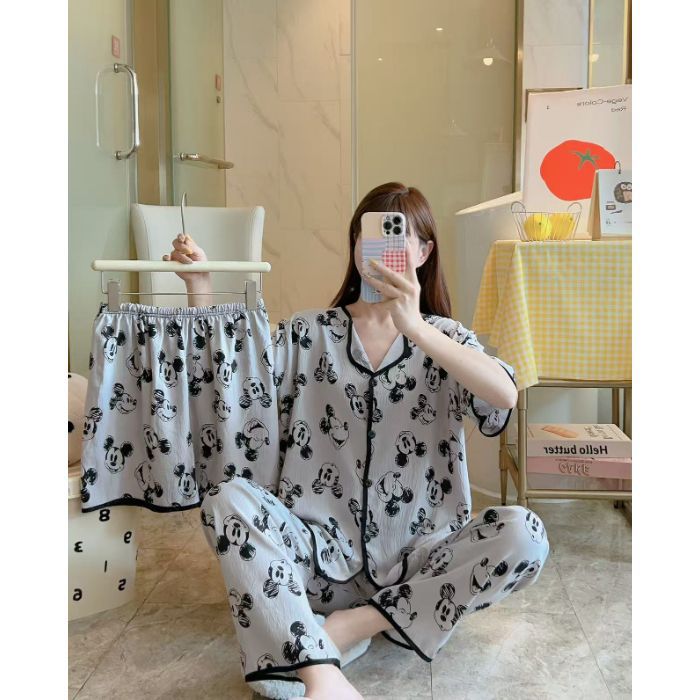 Cardigan transfronterizo al por mayor, pantalones de manga corta, pantalones cortos, pijamas de mujer de tres piezas, servicio a domicilio de solapa pequeña de verano