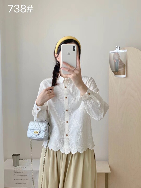 フレンチレースの裾、甘くて爽やかで自然なヘビーエンブレムの絶妙な文学風長袖シャツ、レディースコットンシャツ|undefined
