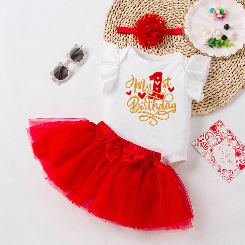 Baby Children's Clothing Newborn Birthday One Year Old Dress 0-3 Years Old Baby Girl Flying Sleeve Embroidered Hare Dress Set Baby Children's Clothing Newborn Birthday One Year Old Dress 0-3 Years Old Baby Girl Flying Sleeve Embroidered Hare Dress Set