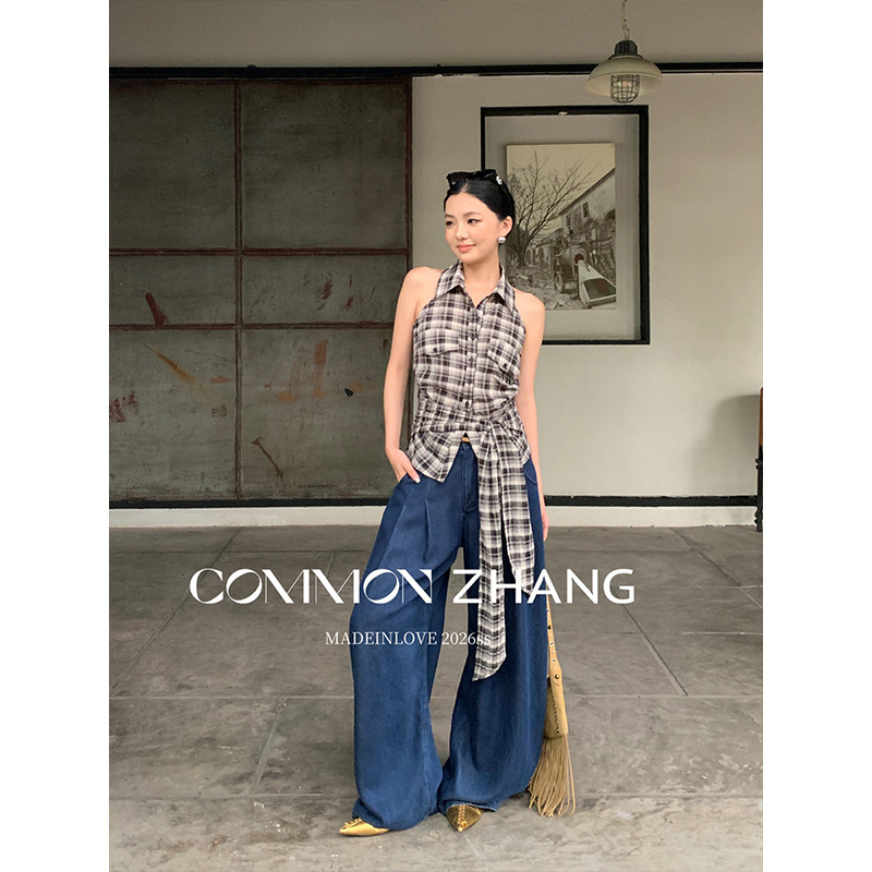 Youji Cz Zhang Summer Spicy Girl Style Waist-Cinching Tie Sleeveless Shirt with Plaid Lapel Slimming Shirt C23148-1