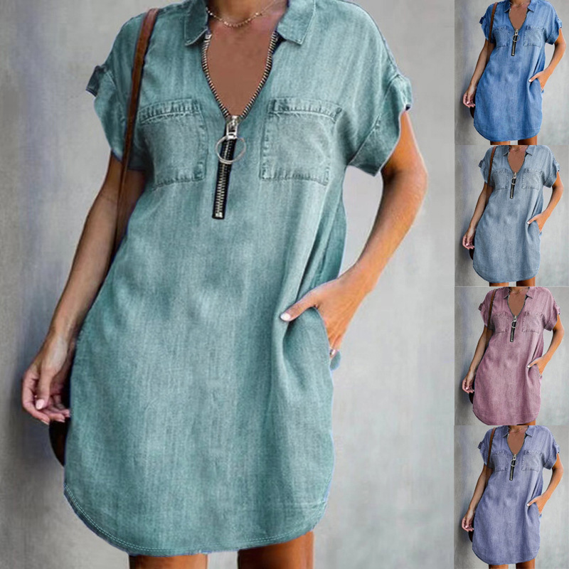 2023 Independent station Amazon TEMU cross-border new European and American lapel short sleeve loose dress denim shirt dress