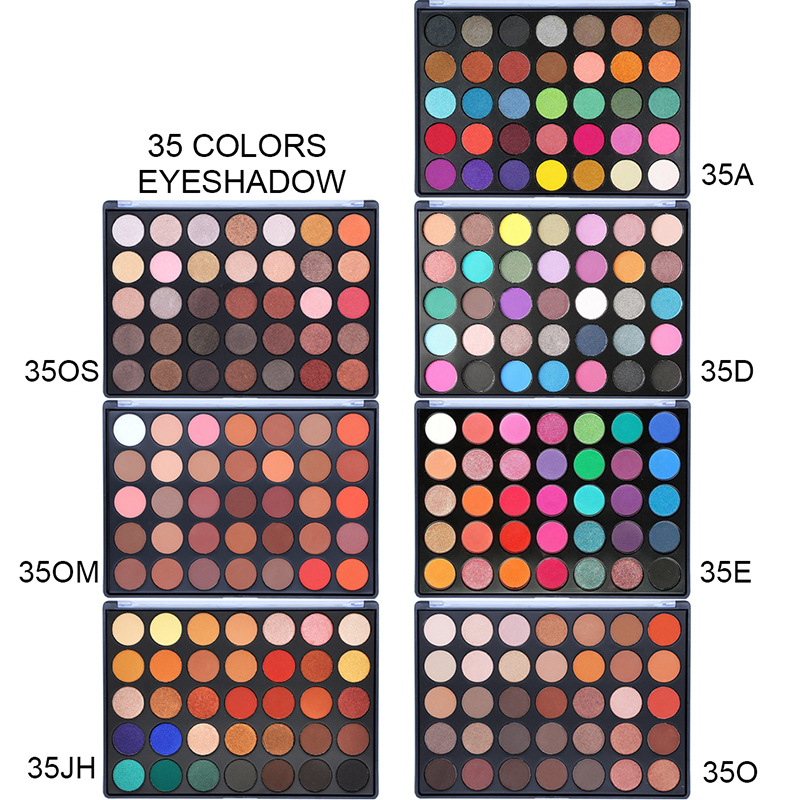 35-color eyeshadow palette featuring earth tones, pearlescent, and matte shades; easy to apply; glitter and sparkle eyeshadows; no logo; factory direct stock.