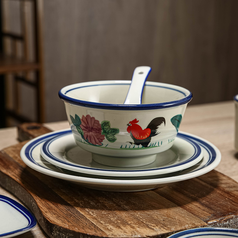 Vintage Ceramic Rooster Bowl Restaurant Hot Pot Restaurant Chicken Four-piece Set Table Tableware Bowl Plate Spoon Bone Plate Rice Bowl