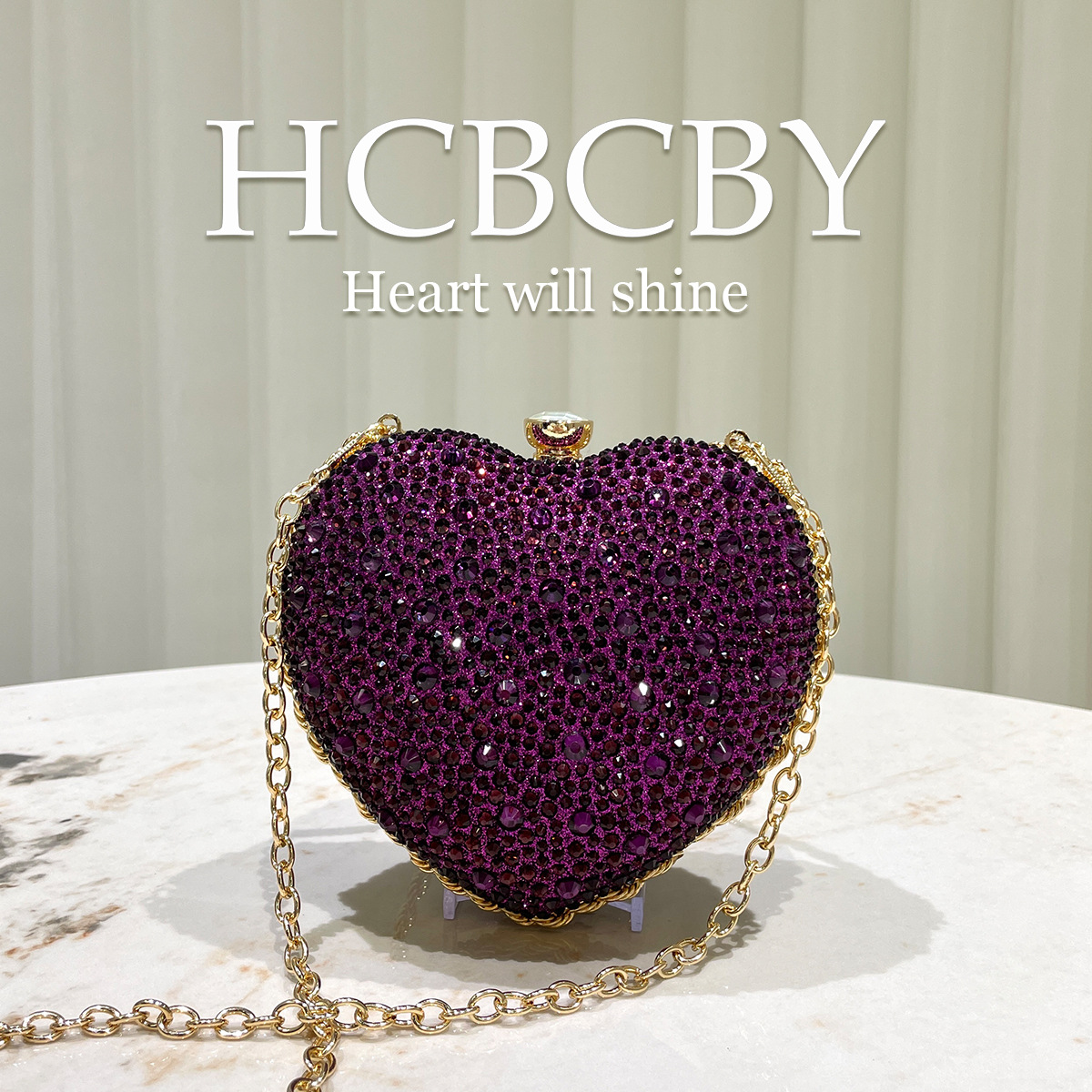 Borsa a tracolla viola a forma di cuore con strass glitterati, elegante borsa da sera da donna di alta qualità_voghion.com