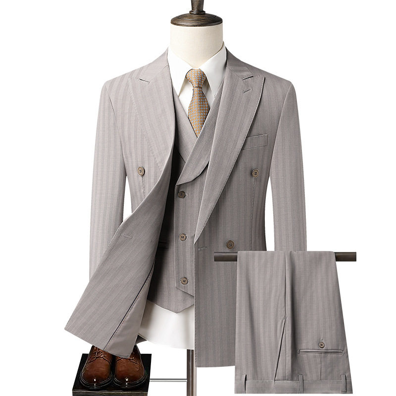 Bộ vest nam dáng ôm phối khuy hai hàng, áo vest + quần, kiểu công sở lịch lãm — Bao cao su màu be (áo+quần), Bộ 2 kiện màu cà phê (áo+quần), Màu be (áo+áo khoác+quần), Màu cà phê (áo+áo khoác+quần)