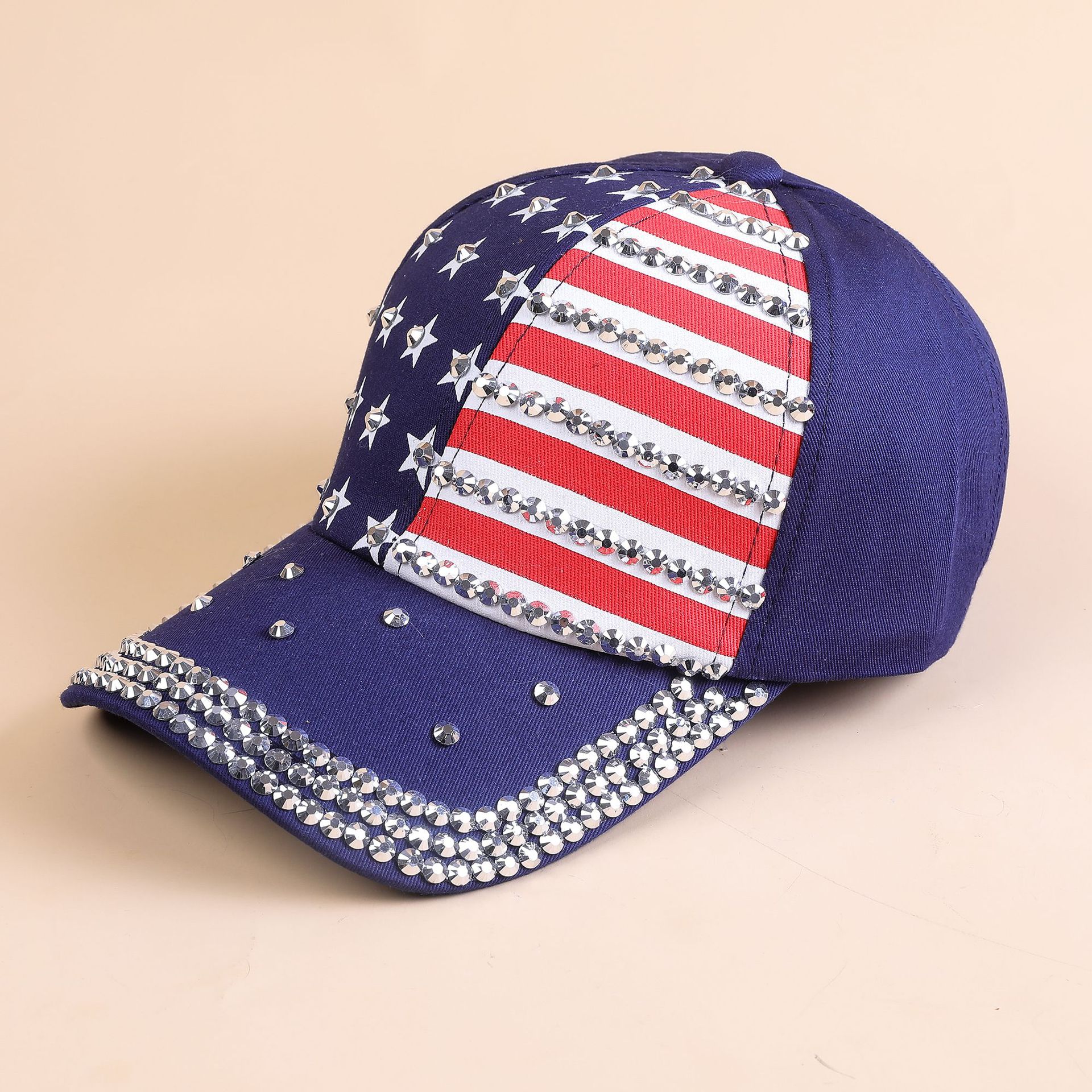 El Comercio exterior transfronterizo nuevo verano estilo americano de moda bandera americana diamante incrustado gorra de béisbol sombrero para el sol hombres y mujeres mismo estilo casquillo de pico
