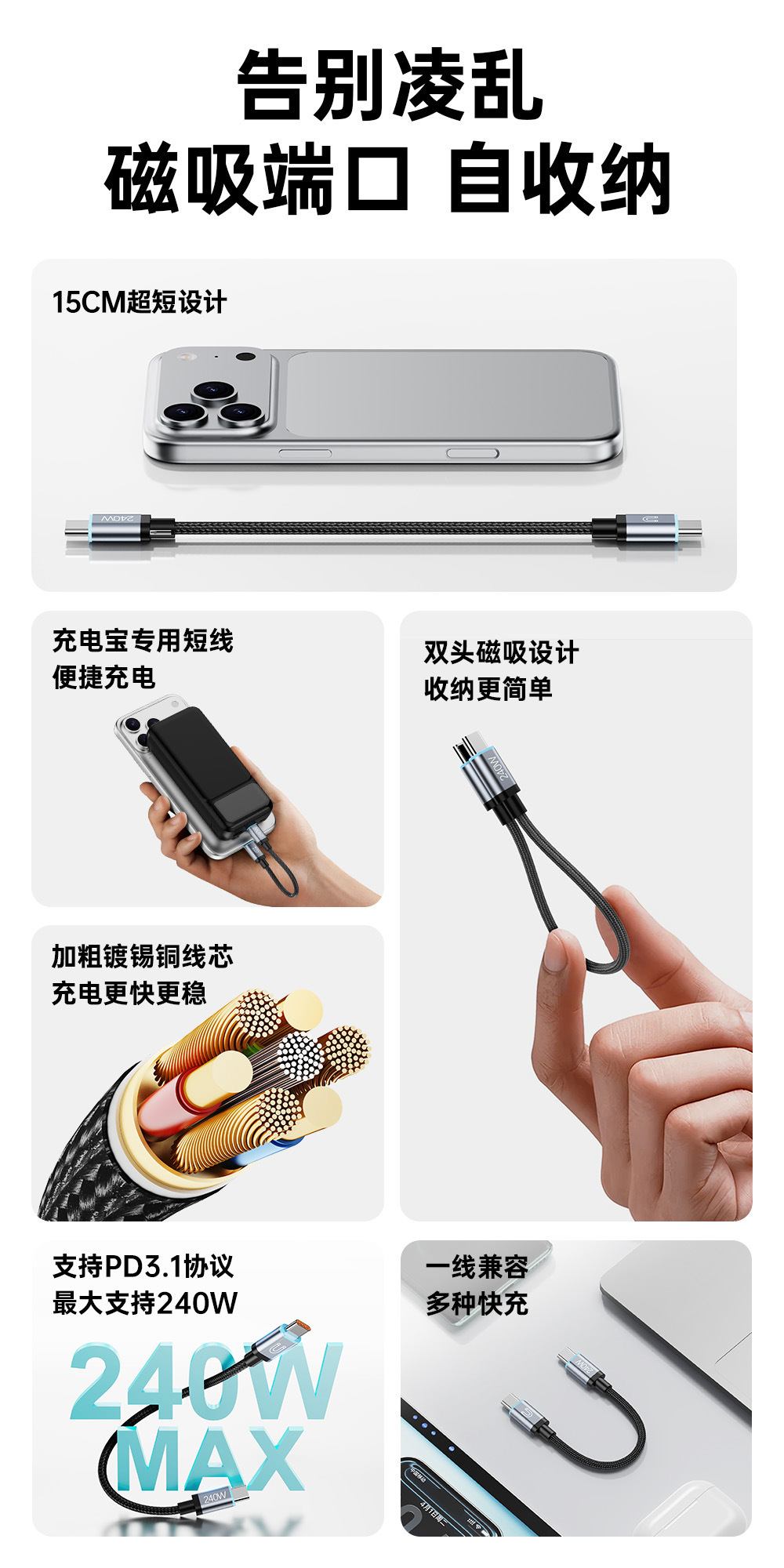 240W USB-C to USB-C Fast Charging Cable, 15cm Braided Short Portable Cord with Magnetic Storage, PD Compatible