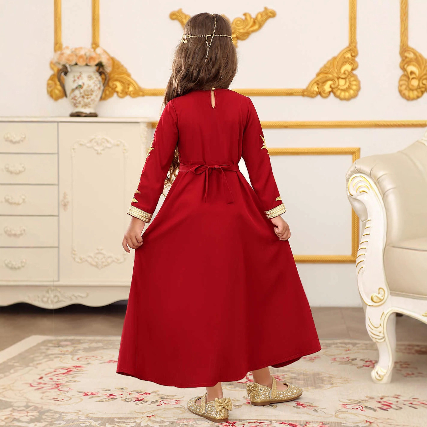Girls Turkish Lace Trim Dress Solid Colour Childrens Robe_voghion.com