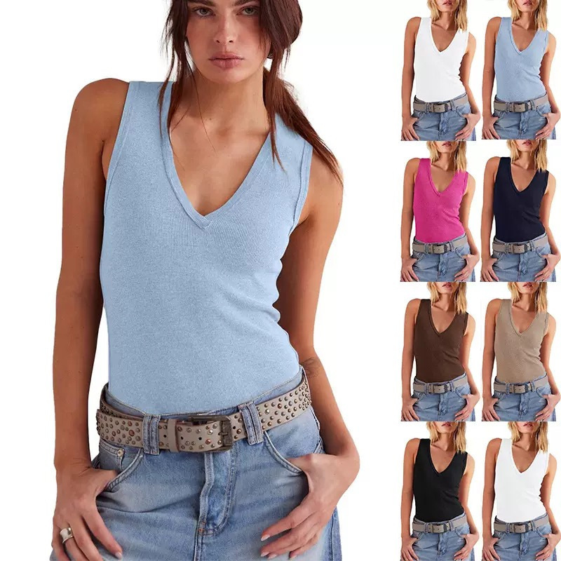 European and American Amazon Cross-border Vest Women's Casual Soft Summer V-neck Sleeveless Top 2025 Clothing Black European and American Amazon Cross-border Vest Women's Casual Soft Summer V-neck Sleeveless Top 2025 Clothing Black