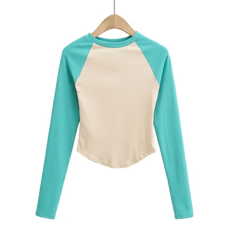 Long Sleeves Round Neck Cropped Raglan Sleeves Slim Fit Curved Hem T-Shirt NSXDX135741