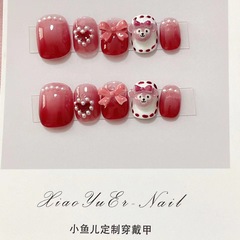 【Yihé】Handmade Short Square Round Gradient Sherry Rose Cute False Nails