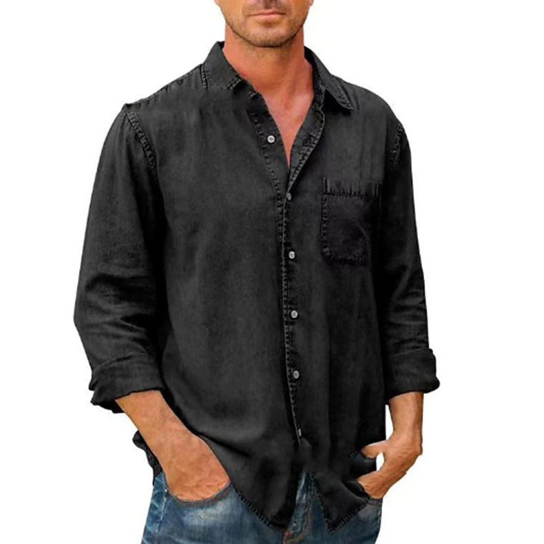 2022 Amazon nueva camisa de otoño para hombre solapa bolsillo de color sólido camisa de un solo pecho camisa de manga larga para hombre