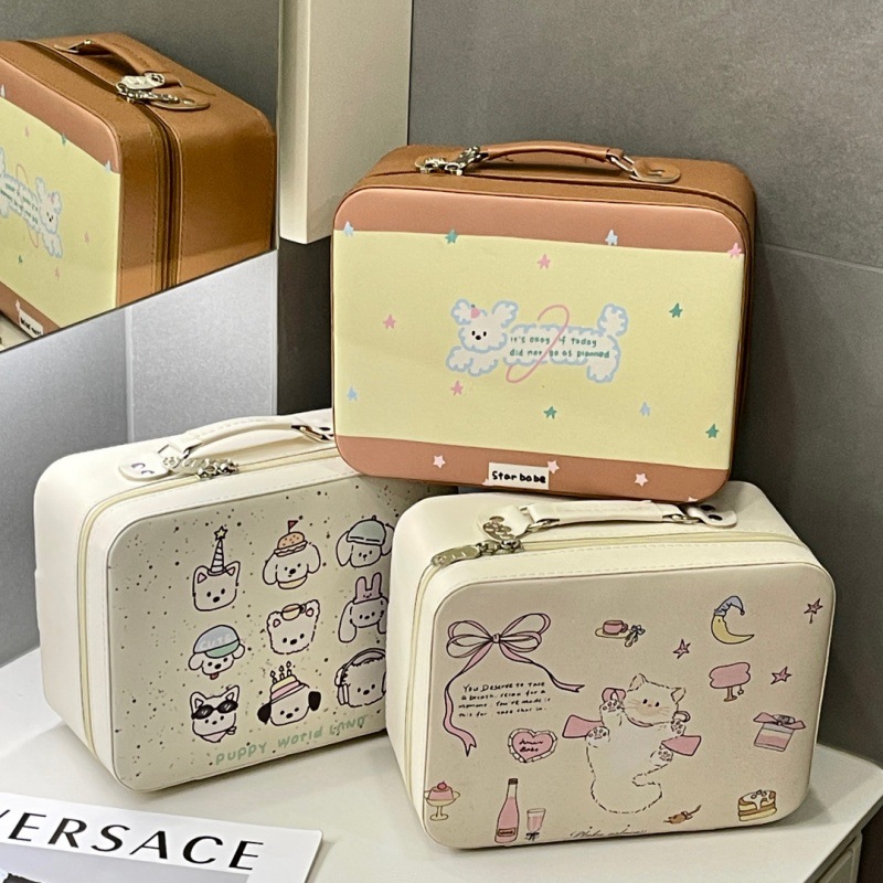 Caja de cosméticos de alto valor linda original, caja de almacenamiento portátil para el cuidado de la piel de gran capacidad, maleta de cuero pu
