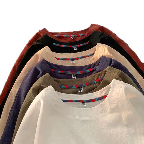 Embroidered cotton linen short-sleeve T-shirt for men, summer thin version, Japanese style loose large size clothing, trendy brand linen half-sleeve T-shirt