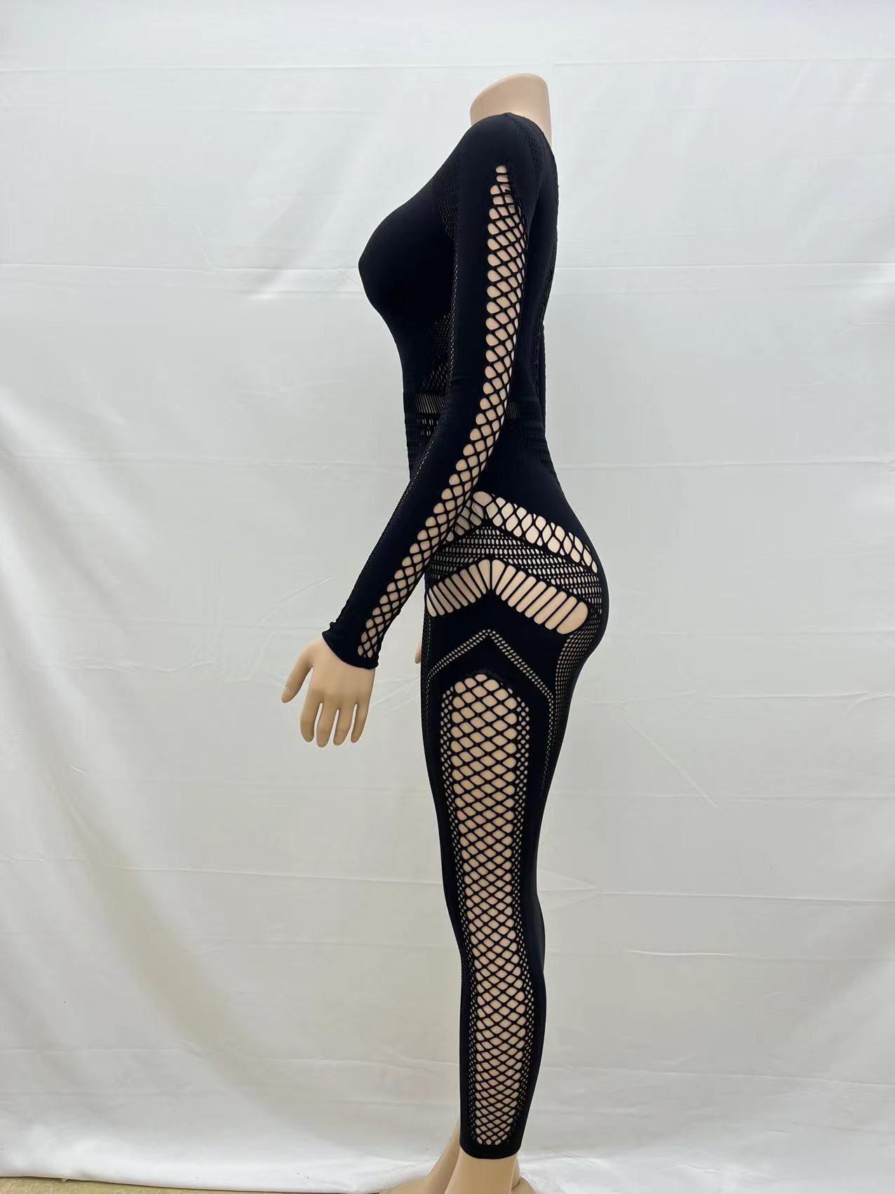 Solid Color round Neck Sexy Slim Hollow Out Cutout Long Sleeve One Piece Knitted Long Sheath One Step Jumpsuit