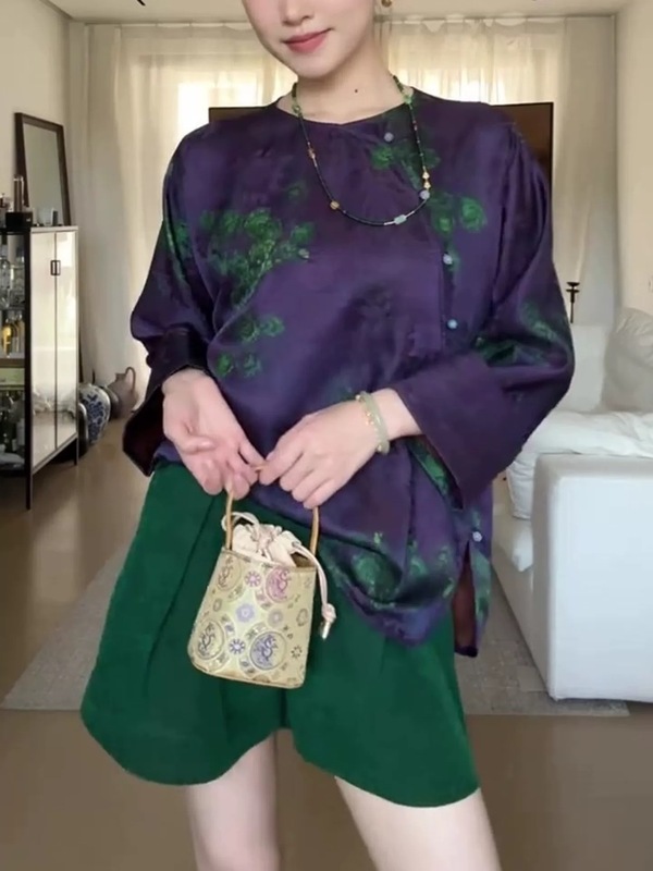 南油批发 新中式紫色底孔雀羽毛宽松圆领上衣衬衫 材质桑蚕丝人丝|undefined