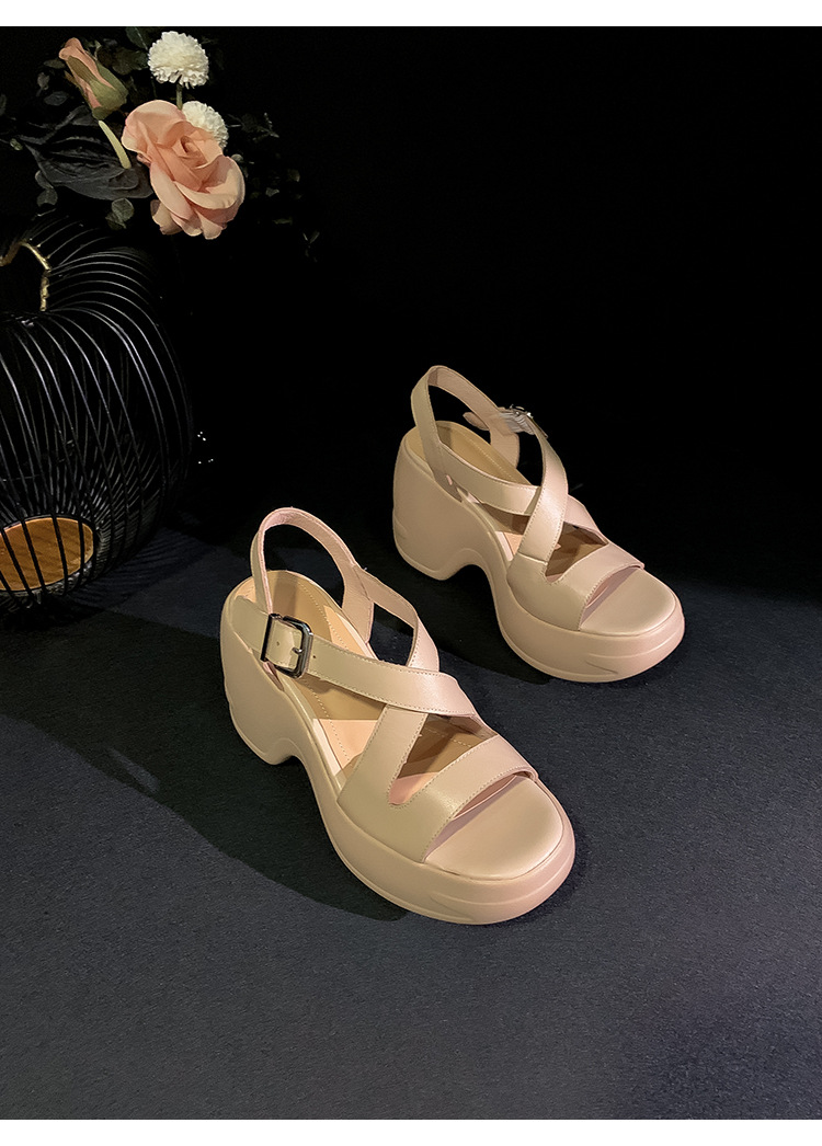 Sandal cao gót nữ hở mũi đế platform tăng chiều cao, da thật, phong cách La Mã — màu đen, màu mơ chi tiết 16