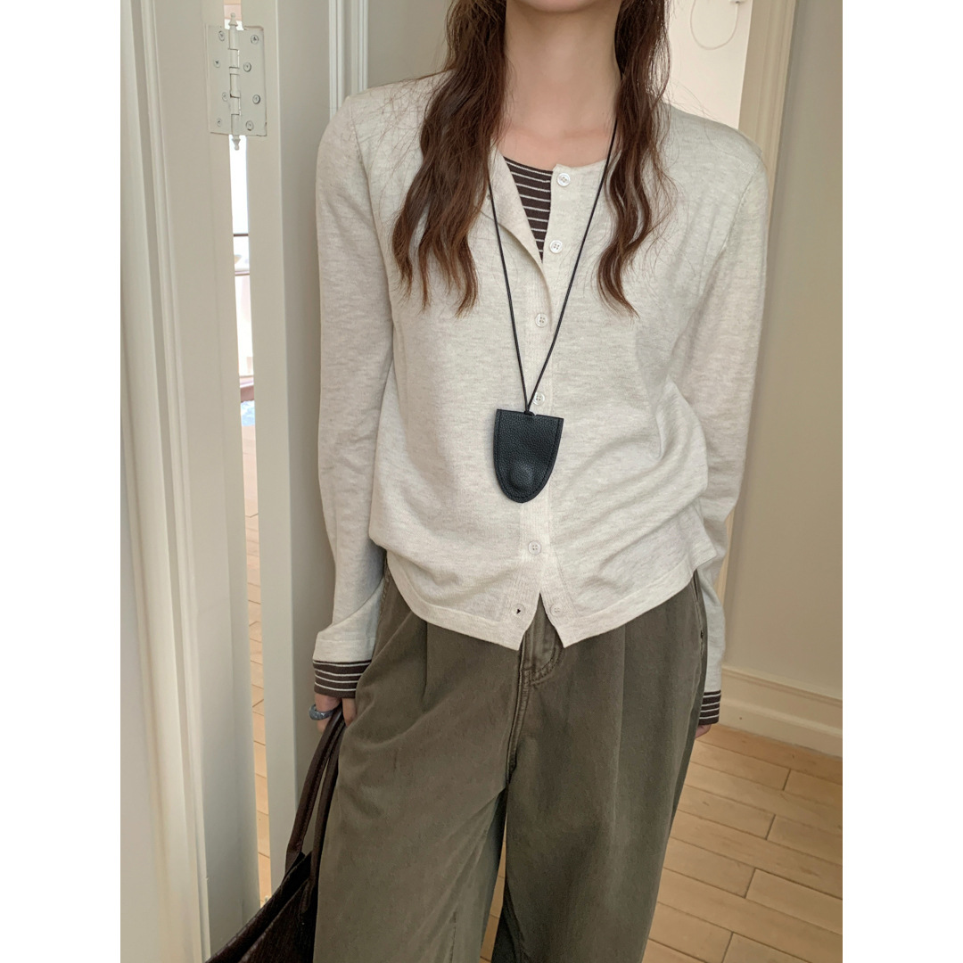 Gagd Stripesd Splicing Fake Two-Piece Knitted Cardigan for Women, Wool and Mulberry Silk Contrasting Color Relaxed Knitted Knitwear Top