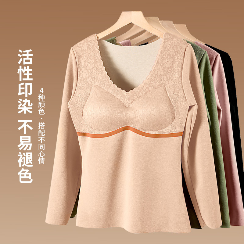 Ropa interior térmica de encaje sin costuras de terciopelo de doble cara superior de fondo engrosada de las mujeres ropa de Otoño de manga larga autocalentable con almohadilla en el pecho