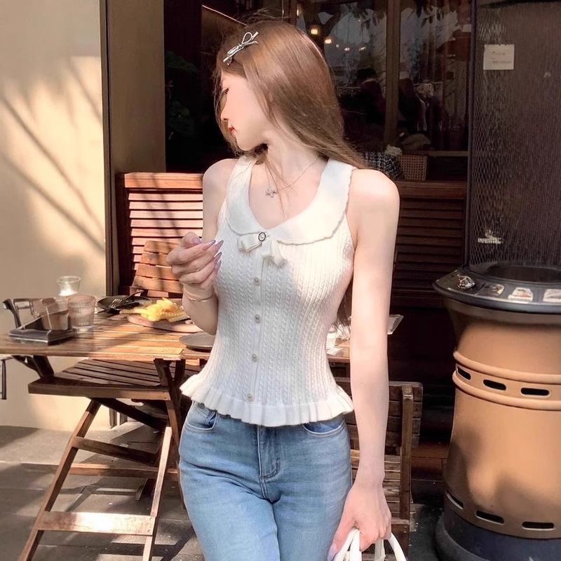 韩版娃娃领针织小背心女2025夏季新款修身洋气短款无袖针织上衣|undefined
