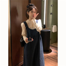 两件套装/学院秋冬新款风藏青色毛呢背带连衣裙女学生+木耳边衬衫