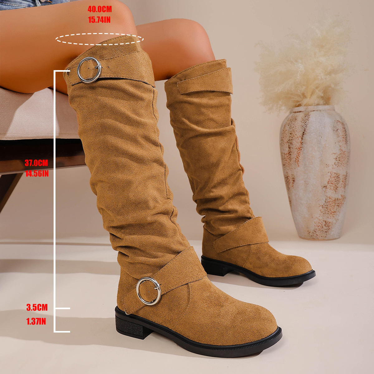 Women's High Top Pleated Belt Buckle Boots Suede Slip on Retro Riding plus Size Winter New Style_vogvips.com