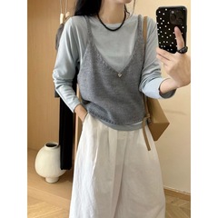 早秋韩剧女主穿搭套装女蓝色别致设计感叠穿针织衫吊带背心两件套