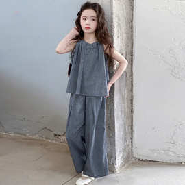 女童夏季套装2025款时尚韩版洋气麻棉吊带休闲裤两件套中大童薄款