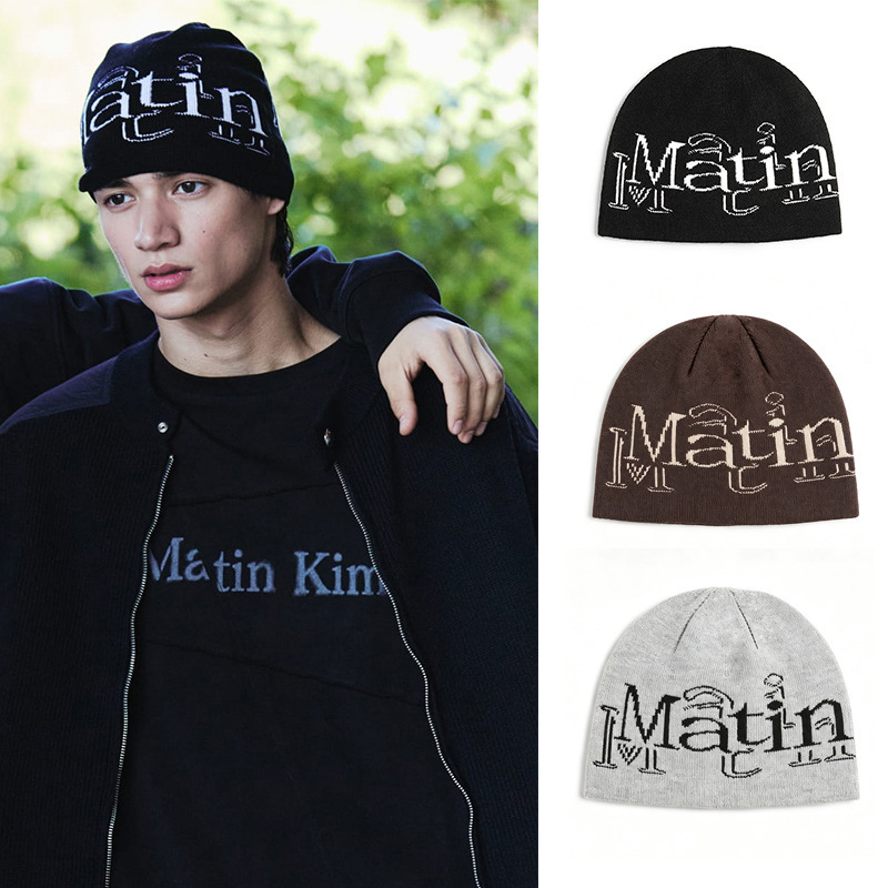matin kim shadow letter jacquard beanie, black knitted wool hat, street simple style, warm for autumn and winter matin kim shadow letter jacquard beanie, black knitted wool hat, street simple style, warm for autumn and winter