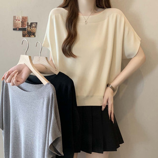 2025 New Summer Style One-Shoulder Breathable Ice Silk Short-Sleeved Sweater Women's Large Size Loose Versatile Top