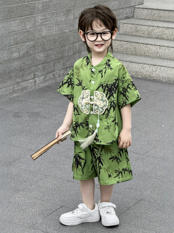新しい子供の中国風スーツ夏の男の子の唐スーツ漢服半袖9点パンツ古代スタイルの新しい中国風の2点セット|undefined