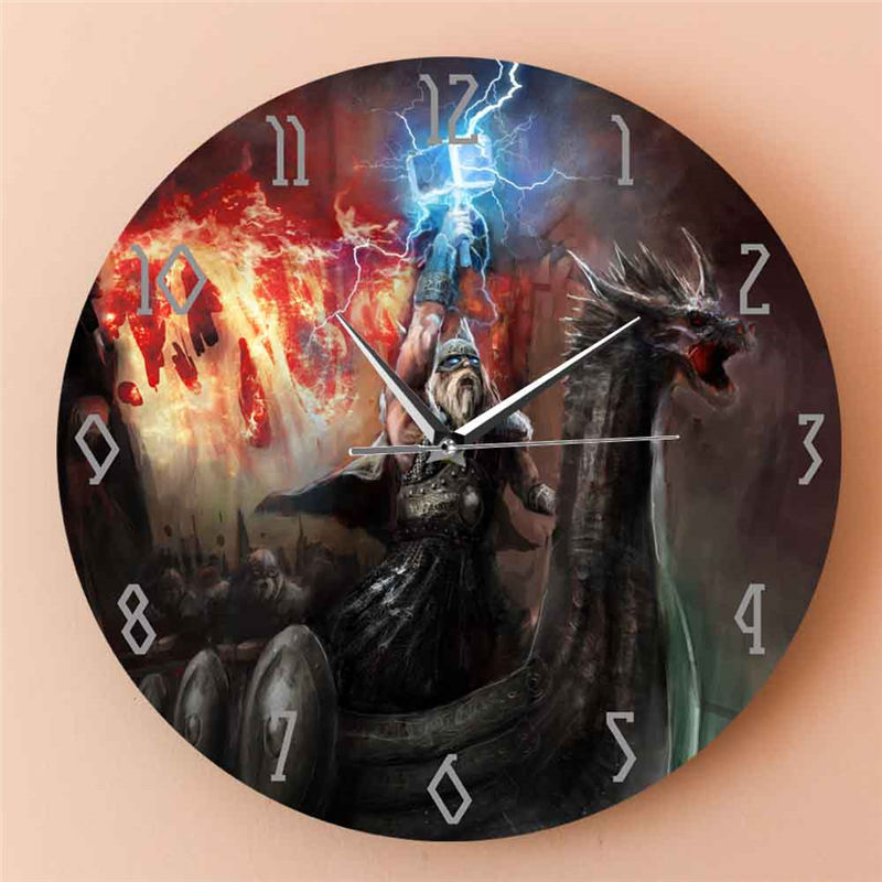Nordic Mythology Theme Wall Clock Riding Dragon Thor Viking Home Decoration Clock Asgard Wall Clock Cross Border