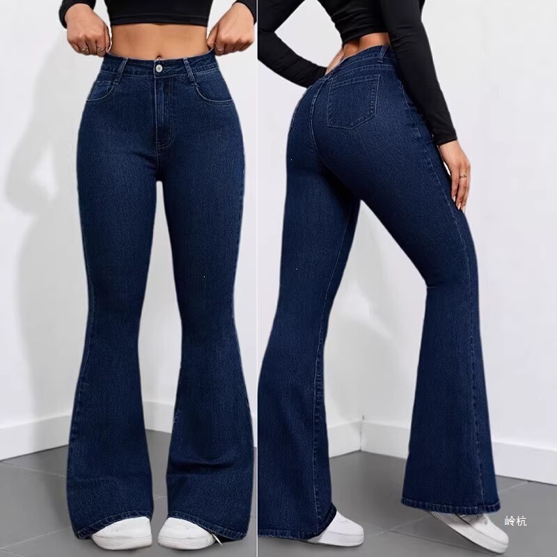 Amazon Spring and Summer Flared Jeans, Slimming, Floor-Length, Export to Europe and America, High-Waisted, Dark Blue, One-Piece Drop Shipping, Thin