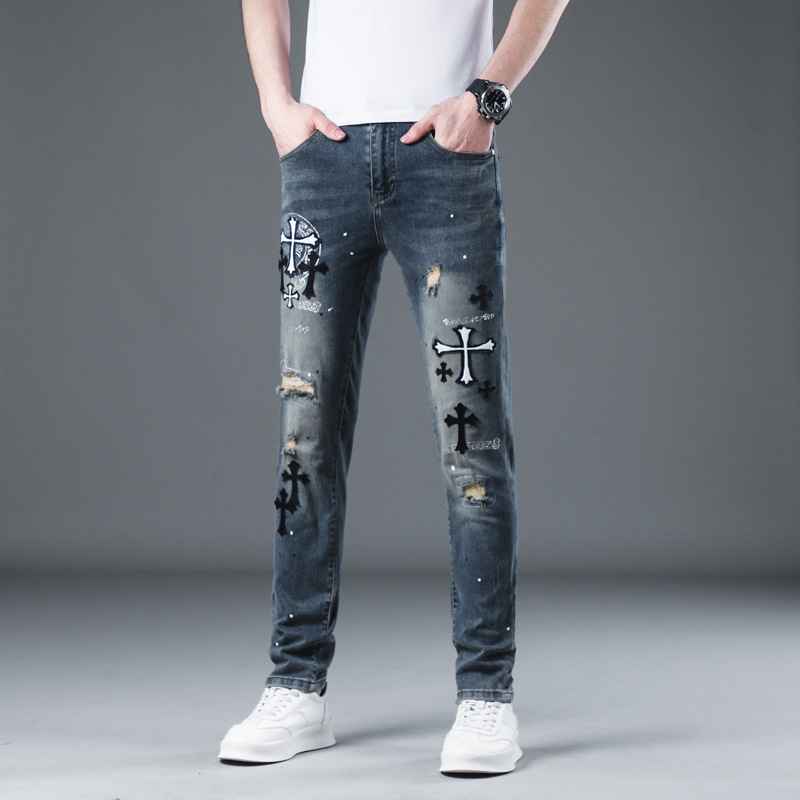 Personalized embroidered jeans, men's trend with torn patches, fashionable and versatile elastic slim pants, summer 2024_voghion.com